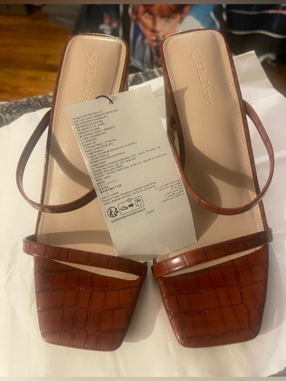 Croc-Embossed Brown Strappy Heeled Mules